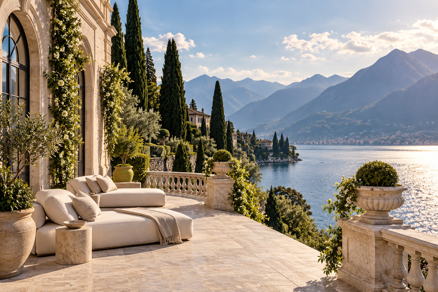 Illustrative Italian lakeside villa terrace